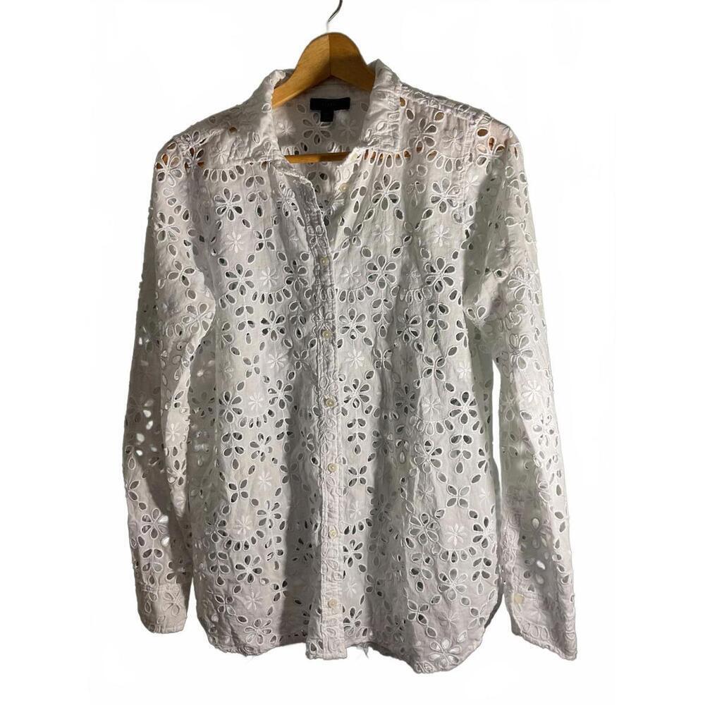 J. Crew White Eyelet  Lace Button-Up Shirt Size 10